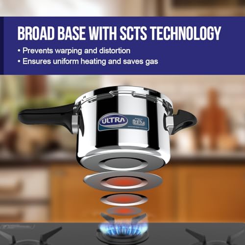 Image of Ultra Duracook Triply Duo Pressure Cooker 3.5 Litre | AISI 304 Food Grade Stainless Steel Cooker | 5 Years Warranty | Injection Moulded Handles | Induction Compatible Broad Base | Non-Stick Finish