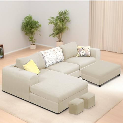 Image of Koza LHS 4 Seater L Shape Sofa Set with Center Table for Living Room (Cream Fabric) Premium Fabric Sofa
