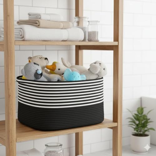 Image of Large Storage Basket, Woven Blanket Basket, Toy Basket with Handle, Laundry Hamper for Living Room, Nursery, Bedroom- 20x15x12 (LXWXH) (black mix)
