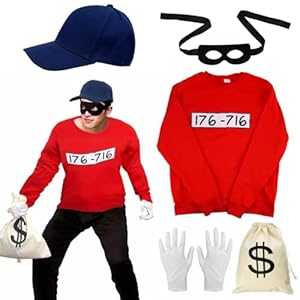 Panzerknacke Kostüm, Räuber Dieb Kostüm, Größe M Banditen Langarm Shirt mit Maske Handschuhe Geldbeutel MÜTZE, Bande Fasching Kostüme Herren Damen, Herren Kostüme-Outfits Halloween Karneval Faschings
