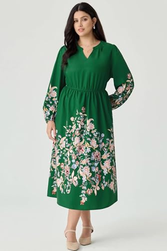 Image of TIYOMI Womens Plus Size Dresses Fall Long Sleeve Maxi Dresses V Neck Floral Spring Party Dress with Pockets XL-5XL (14W-28W)