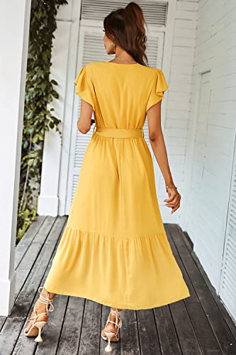 PRETTYGARDEN Women's Summer Floral Boho Maxi Dress Wrap Short Sleeve V Neck Ruffle A-Line Flowy Wedding Guest Long Dresses