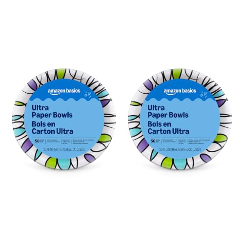 Image of Amazon Basics Ultra Disposable Paper Bowls, 20 Oz, Microwave Safe, Soak Proof, Strong & Sturdy, White, 50 Count (Pack of 2), Packaging May Vary