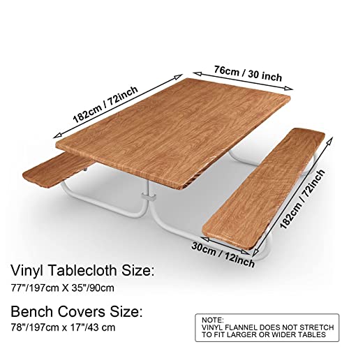 3 Pieces Vinyl Picnic Table And Bench Fitted Tablecloth Cover 78" X 35" Waterproof Elastic Table Cover Flannel Backed Table Cloth Rectangular Fitted Cover For Table (Wood Grain Pattern) #TOP1