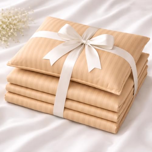 Image of Prozone Premium Satin Stripe Double Bedsheet with 2 Pillow Covers | Soft & Luxury Hotel Style Bedding for Double Bed (Beige)