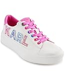 Karl Lagerfeld Paris Women's Gida Lace Up Sneaker with Studded Logo, White/Fuschia, 8.5