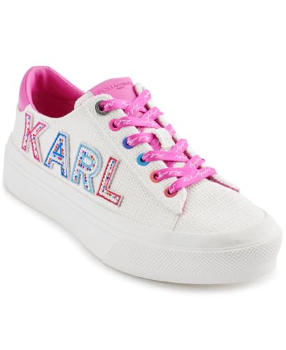 Karl Lagerfeld Paris Women's Gida Lace Up Sneaker with Studded Logo, White/Fuschia, 8.5