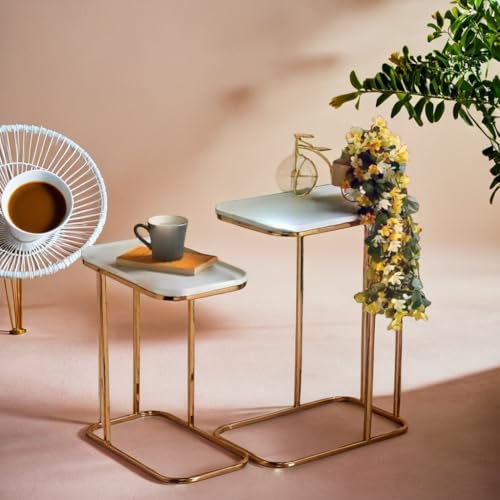 Image of Iron Frame Coffee Table with Premium Wooden top Handmade Rectangular Sofa Side Table for Sofa Side, Bed Side, Drawing Room, Bed Room (White Gold)