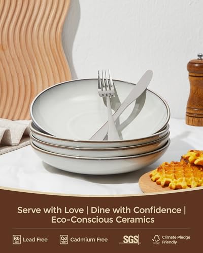 Image of Pokini 16 Piece Double Bowl Dinnerware Sets with Pasta Bowls, Highly Chip and Crack Resistant Plates and Bowls Sets, Natural Earthyware Ceramic Dishware Sets, Service for 4 Moonstone White