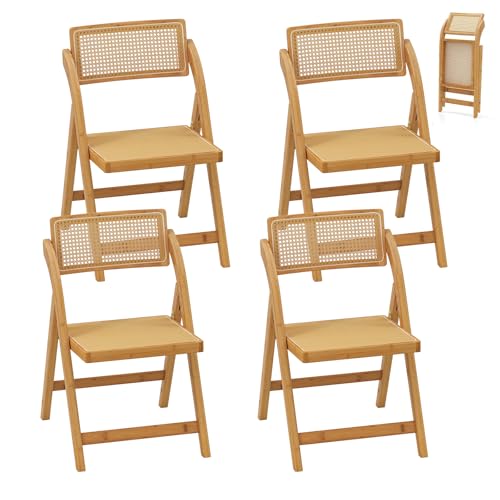 RELAX4LIFE Lot de 4 Chaise Pliante Bois, Chaises Rotin Salle à Manger avec Cadre en Bambou, Dossier Pivotant, Chaise Cannage Pliante, Style Bohème, Aucun...