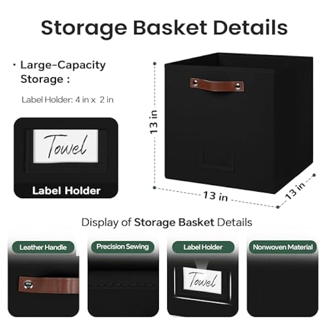 6-Pack Collapsible Fabric Storage Cubes with Handles & Label Holders, Closet Cube Home Organizer Bins (Black, 13 x 13 x 13 inch)
