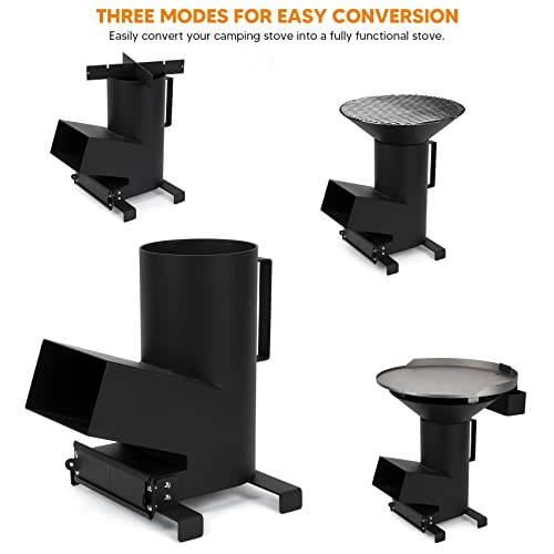 ONLYFIRE GRILLS 3-in-1 Camp Rocket Stove with 14.5" Cooking Grate, 18" Griddle and Cooktop, Portable Wood Burning Camping Stove for Patio Backyard RV Tailgating Trailer Tents Hiking, GS302