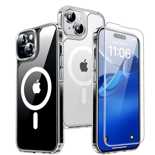 TAURI Magnetic for iPhone 15 Plus Case with HD Screen Protector [Compatible with MagSafe] Military-Grade Protection Not-Yellowing Shockproof Phone Cover Clear