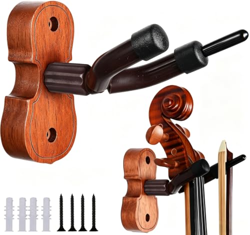 Sound harbor Violin Wall Mount Violin Hanger Mahogany Violin Viola Stand with Bow Hook (2 Pack)