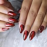 Red Cat Eye Press on Nails Almond, Classic Red Medium Handmade Magnetic Glue On Nails, Salon Perfect Velvet Burgundy False Nails in 12 Sizes - 24 Pcs Nails Kit for Women Girls
