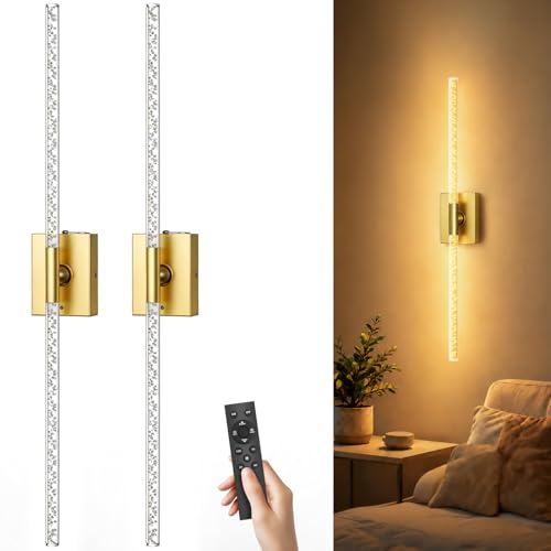 Image of iThird Crystal Bubble Gold Wall Sconces Set of 2: 10000mAh Rechargeable Wireless Lights with Remote & 360 Rotate, 4 Color Temps Dimmable, 31 inch Lamp Decor for Bedroom Living Room Mirror