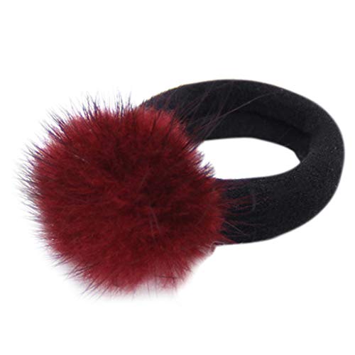 Haorw Las mujeres de la muchacha Hairband visón pieles de pompón de la bola de pelo cuerdas titular de cola de caballo corbatas elásticas (Rojo vino)