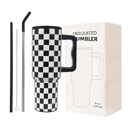 Image of Stainless Steel 1200 ml Vacuum Tumbler with Lid & Straw - Double‑Wall Insulated Cup for Travel, Gym & Office - Keeps Beverages Hot or Cold - 1.2 L Capacity (Black Checks)