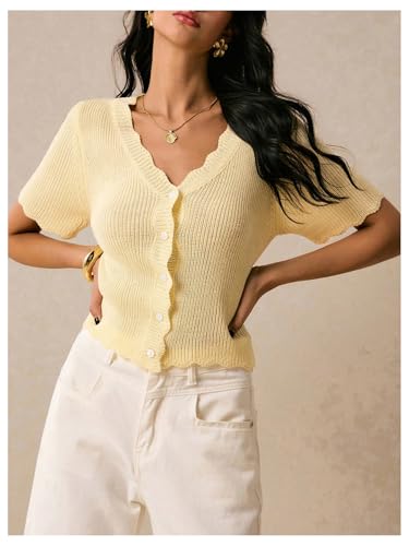 SOLY HUX Women's Knitted Top Short Sleeve V Neck Button Down Cardigan Scallop Sweater3