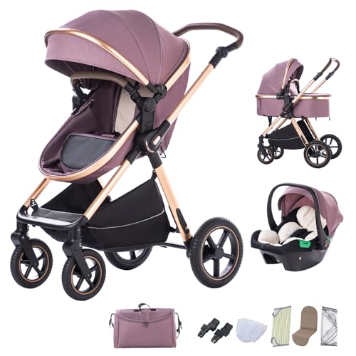 BEBBY Cochecito de bebé 3 en 1,Carrito Bebe 3 en 1 Con Asiento, Cochecitos Portátil Plegable Con, Carricoche Combinado Paisaje Alto Marco de Aluminio Para Recién Nacido (D2-Purple, H2-D)