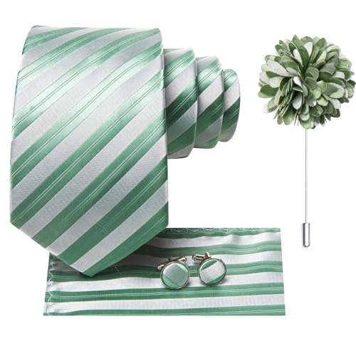 Image of Hi-Tie Green White Striped Neckties for Men Classic Woven Tie and Lapel Pin Pocket Square Cufflinks Sets Formal Business Wedding