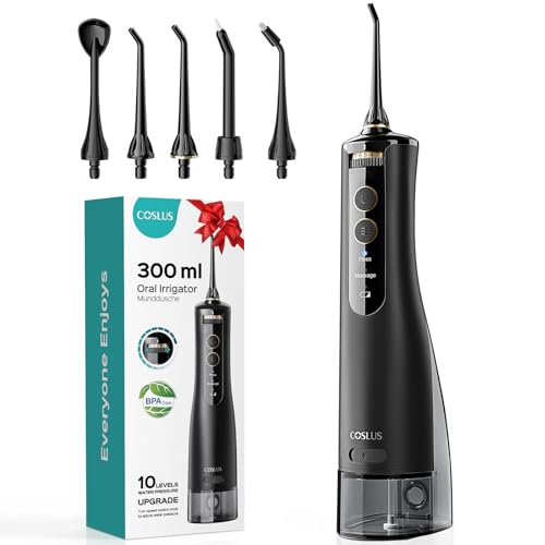 COSLUS E40 Water Flosser for Teeth Braces Gums Care - Advanced 10 Pressure Settings for Multiple Users 300ML BPA-Free IPX7 Waterproof Rechargeable Portable for Home & Travel Dark Black