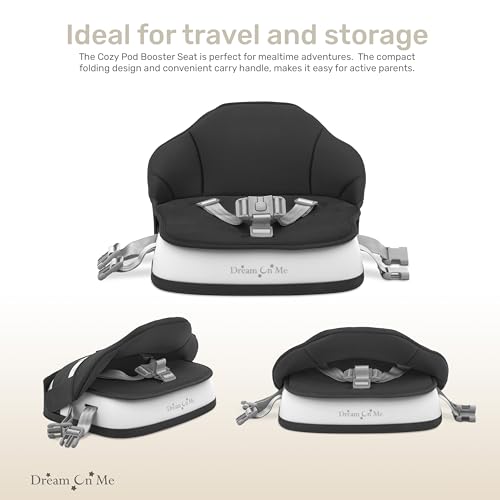 Image of Dream On Me Cozy Pod Baby Booster Seat for 6-36 Months, Portable Travel Booster Chair with 3-Point Safety Harness & 2 Fixing Belts, for Table & Dining, Lightweight Foldable & Easy to Carry - Black