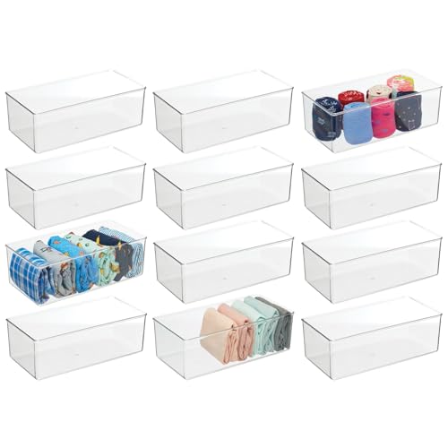 Image of mDesign Long Plastic Drawer Organizer Box, Storage Organizer Bin Container; for Closets, Bedrooms, Use for Leggings, Socks, Ties, Jewelry, Accessories - Lumiere Collection - 12 Pack - Clear