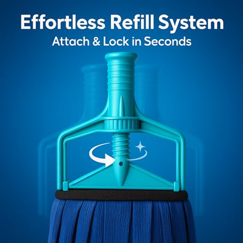 Image of Microfiber Floor Mop Clip with 2 Refill Pads - Mop Head Only (No Stick Included) - Compatible with Wooden, Steel & Plastic Handles - Wet & Dry Cleaning