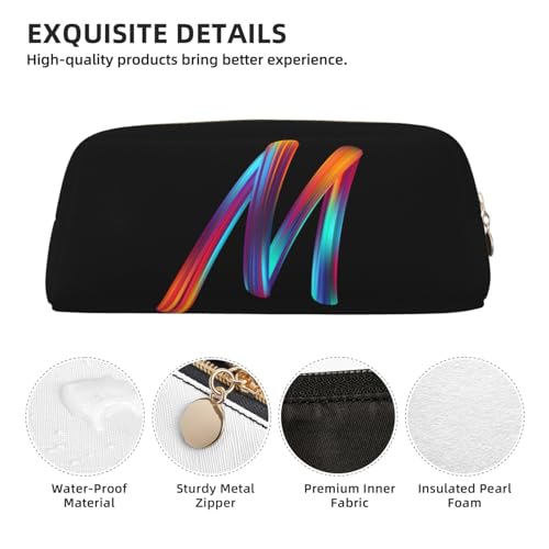 Image of Cute Initial Pencil Case for Kids Simple Leather Pencil Pouch for Boys Girls Letter Design Pencil Box Pen Bag Pencil Pouch Office Stationery Organizer, Rainbow Letter M