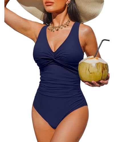 Holipick Navy Blue Women Tummy Control One Piece Swimsuit - Push Up Bathing Suit Full Coverage Slimming Swimwear L