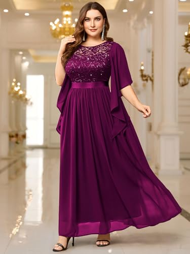 Image of Miusol Women's Plus Size Sequin Lace with Ruffle Cape Cloak Sleeves Elegant Evening Gown Wedding Guest Maxi Dress