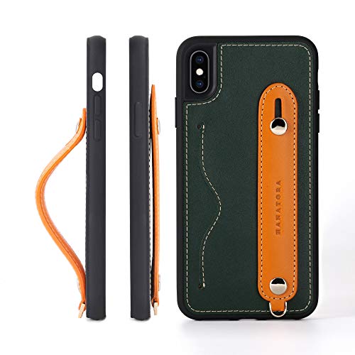 iPhone XsMax グリップケース レザー 本革 ストラップ付属 イタリア製牛革 ヌメ革 片手操作 カード収納 スタンド機能 メンズ レディース グリーン/オレンジ