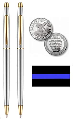 Classic Police Chrome and Gold Uniform Pens | Police Gift | Silver Polished Saint Michael's Challenge Coin | St. Michael's | Police Uniform Pens for Men | Police Pens for Women | Beall's Bay