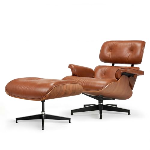 Asukale Leder Relaxsessel mit Hocker, Moderner Sessel Wohnzimmer, Drehbarer Chaiselongue mit Ottomane, Fester Neigungswinkel von 105°, TV-Sessel mit Gepolstertem Kissen, Braun (Verbesserte)
