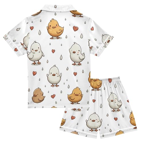 Satin Pajama Sets Short Sleeve Cute Chicks with Hearts Button Down Silky Nightwear 2 Piece PJS 5-14Y2