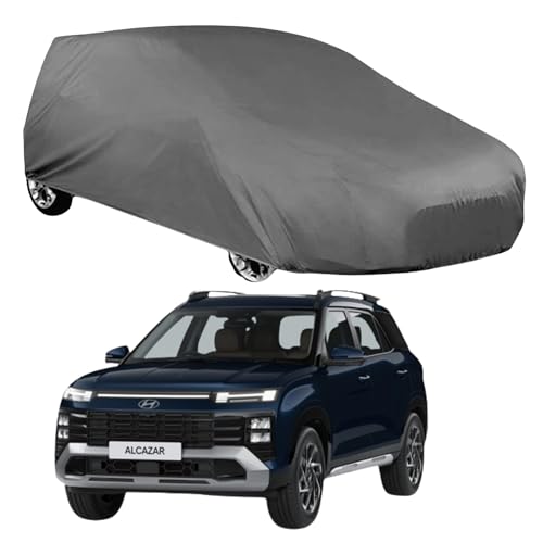 Image of Car Body Cover Compatible with Hyundai Alcazar 2026-2025 Facelift | Waterproof Heavy Duty Car Body Cover + Sun Protection + Triple Stitched + Mirror Pocket (Silver)