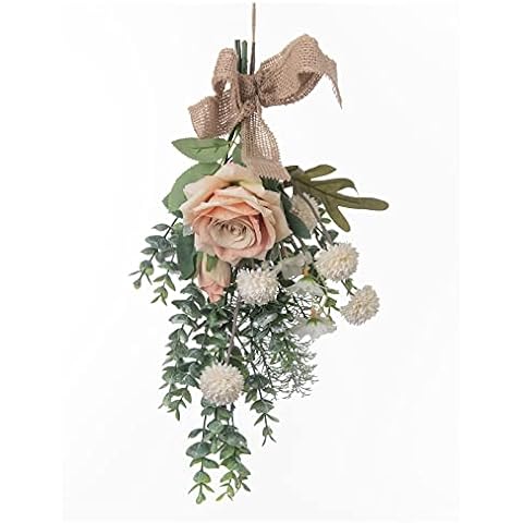 INIFLM 15in Artificial Floral Swag Wreath,Fake Tea Rose Dandelion Teardrop Wreath with Eucalyptus Leaves and Burlap Bow,Wall Hanging Spring Summer Garland for Wedding Arch Front Door Decor, Green Cover