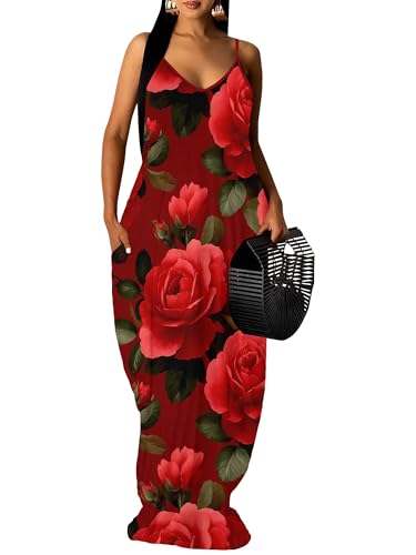 Image of Women Spaghetti Strap Maxi Dress with Pockets | Soft fabric relaxed fit sleeveless v neck with pockets for party and daily wear