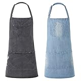 CACHIL Denim Apron With 5 Pockets for Cooking Kitchens (Gray+Light Blue, 2PCS)
