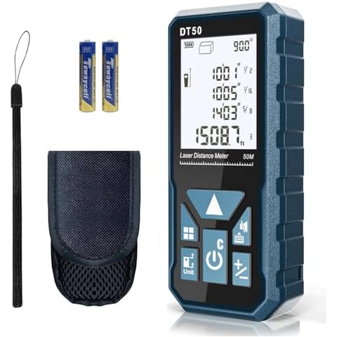 Laser Measure 165ft 330ft DT50 DT100 Gen-2 Laser Distance Meter 50M Portable Handle Digital Measure Tool Range Finder Larger Backlit LCD 4 Line Display IP54 Shockproof (DT50 GEN-2) Cover