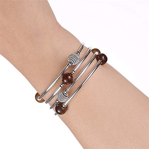Pearl&Club Beaded Chakra Bangle Turquoise Bracelet - Fashion Jewelry Wrap Bracelet with Thick Silver Metal and Mala Beads, Birthday Gifts for Women (63-Agate Brown) - Thumbnail 2
