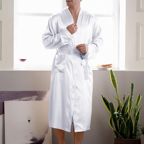 Mens Bathrobes Lightweight 2024 Long Sleeve Plus Size Sleepwear Soft Knee Length Solid Color Loungewear Pockets3
