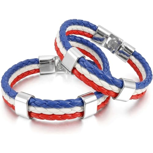 Lot de 2 Bracelet France Drapeau Français en Cuir Synthétique, Accessoire Supporter Bleu Blanc Rouge pour Homme et Femme, Idéal pour Match de Foot, Rugby et...