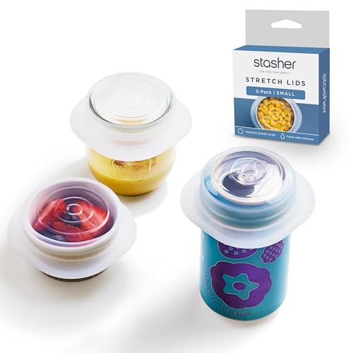Stasher Stretch-Deckel Premium Silikon, 3er-Pack (Klein, 2,5'), Klar, Wiederverwendbar, luftdicht, für Lebensmittelbehälter, auslaufsicher, spülmaschinen, gefrier & backofengeeignet, umweltfreundlich