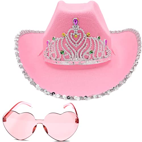 4Es Novelty Preppy Pink Cowgirl Hat with Heart Shaped Sunglasses - Pink Cowboy Hat with Tiara Crown for Adult Cowgirl Costume Accessories for Women Western Party