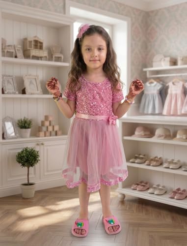 Image of Charming Girls' Kids Velvet & Net Frock with Knee-Length Short Sleeve A-line Round Neck Fit and Flare and Back Zipper Closure|Kids Dress for Baby Girls Birthday Outfit