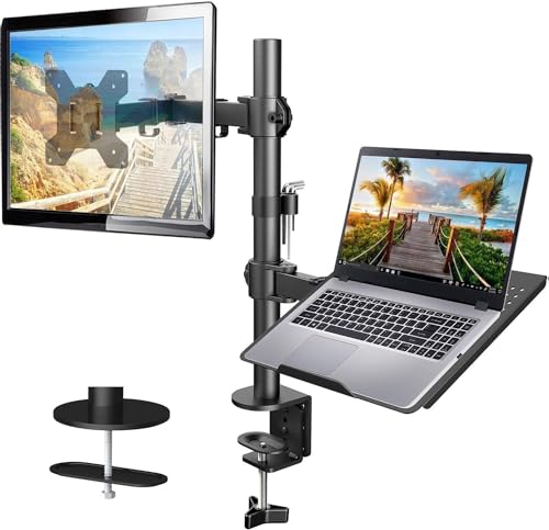 HUANUO Monitor Arm with Laptop Tray for 13 to 32 Inch Screen & 17 Inch Notebook, Monitor and Laptop Stand, Monitor Arm Desk Mount Fits VESA 75 / 100