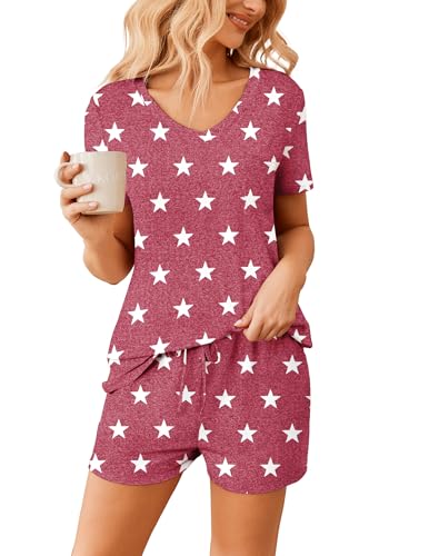 Image of Ekouaer Womens Pajama Sets Short Sleeve Pajamas for Women Sets Soft Lounge Sets Casual V Neck Sleepwear PJS