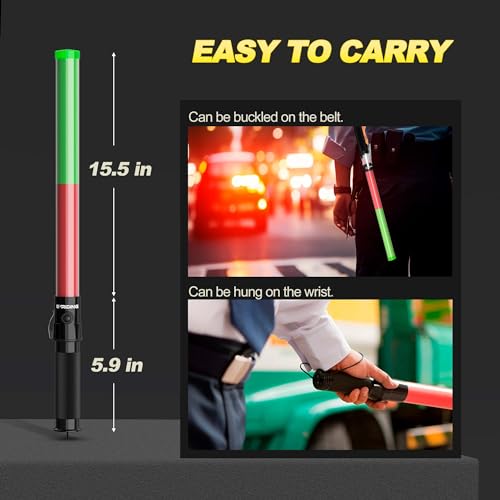 Image of E-riding 4 Pack Traffic Wand, 21 Inch Traffic Control Wand with 3 Flashing Modes & Side Clip, LED Safety Baton for Traffic Control, Parking, Aircraft, Car Directing (Red+Green)